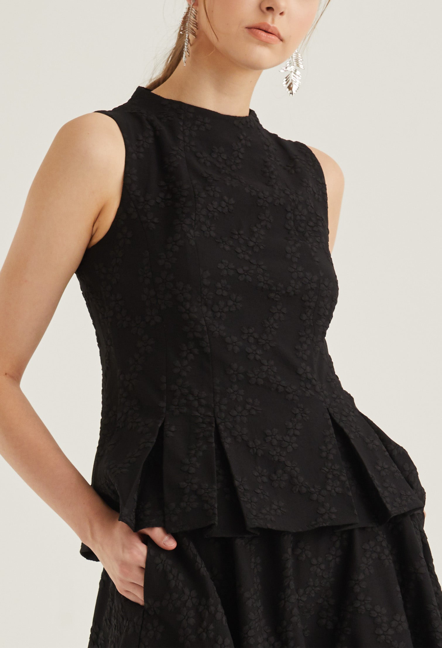 High Neck Brocade Peplum Top