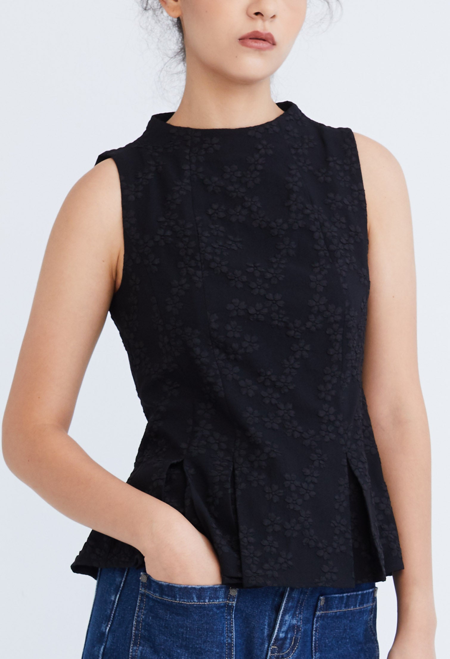 High Neck Brocade Peplum Top