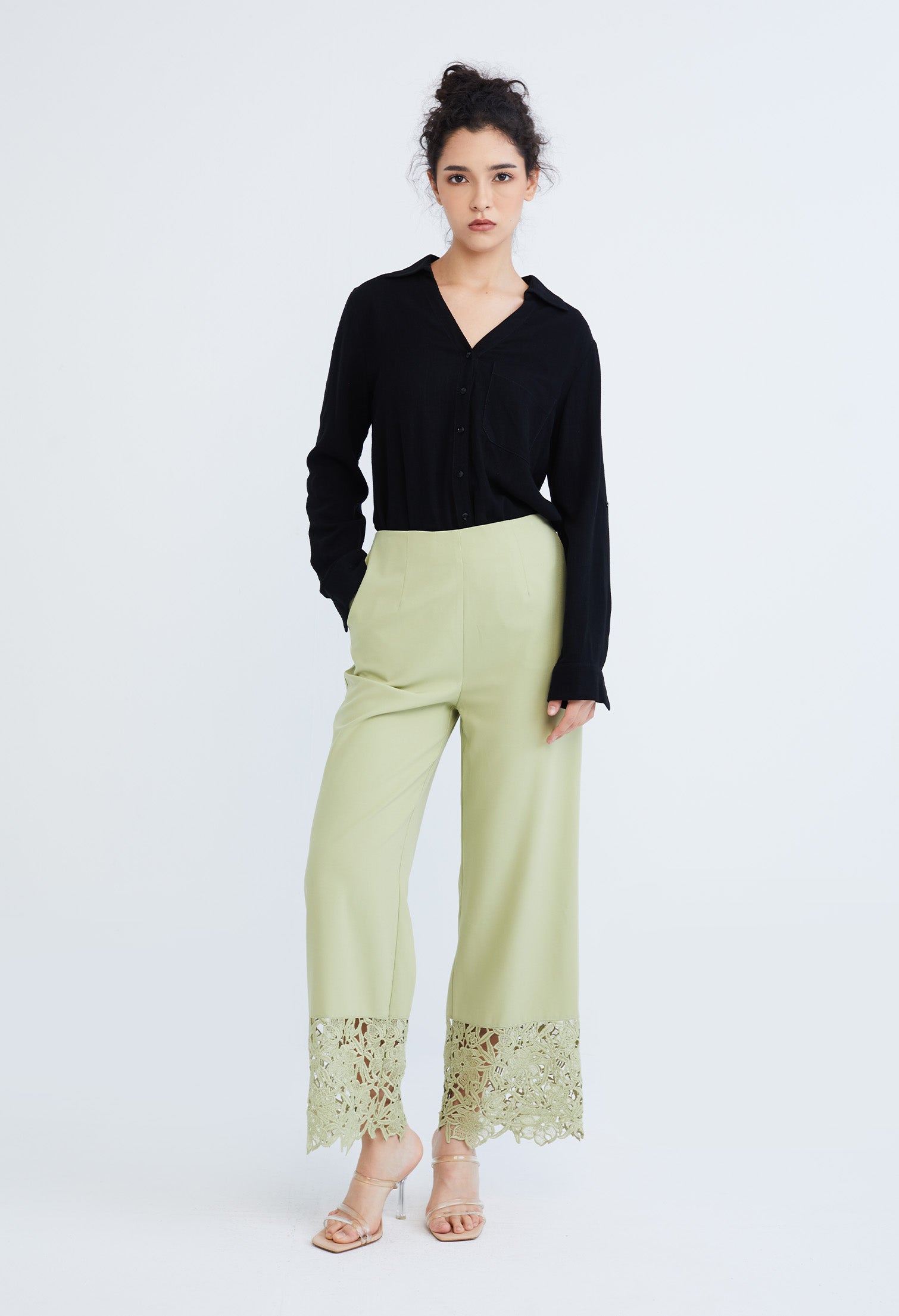 Peekaboo Guipure Lace Hemmed Straight Cut Pants