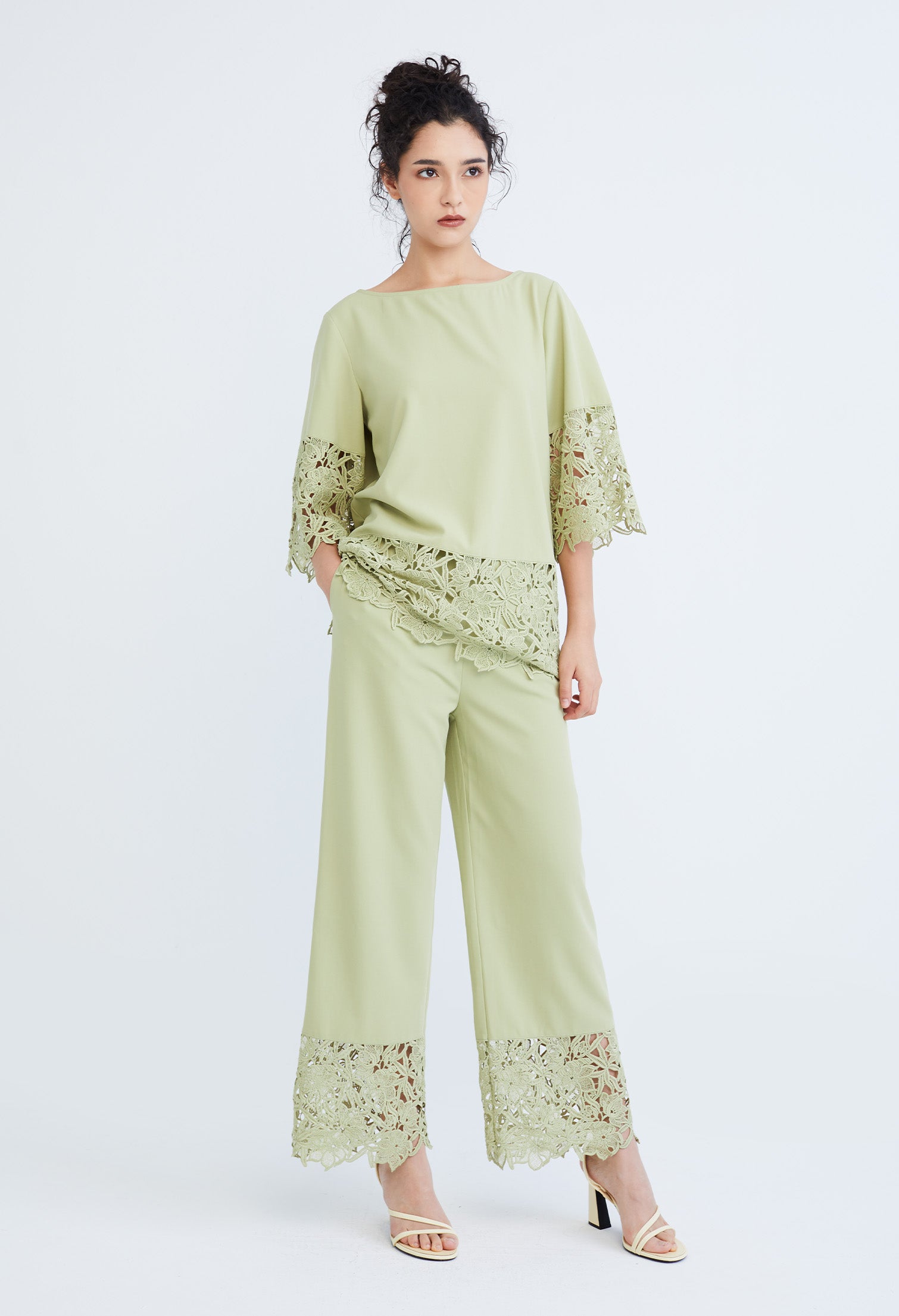 Peekaboo Guipure Lace Hemmed Straight Cut Pants