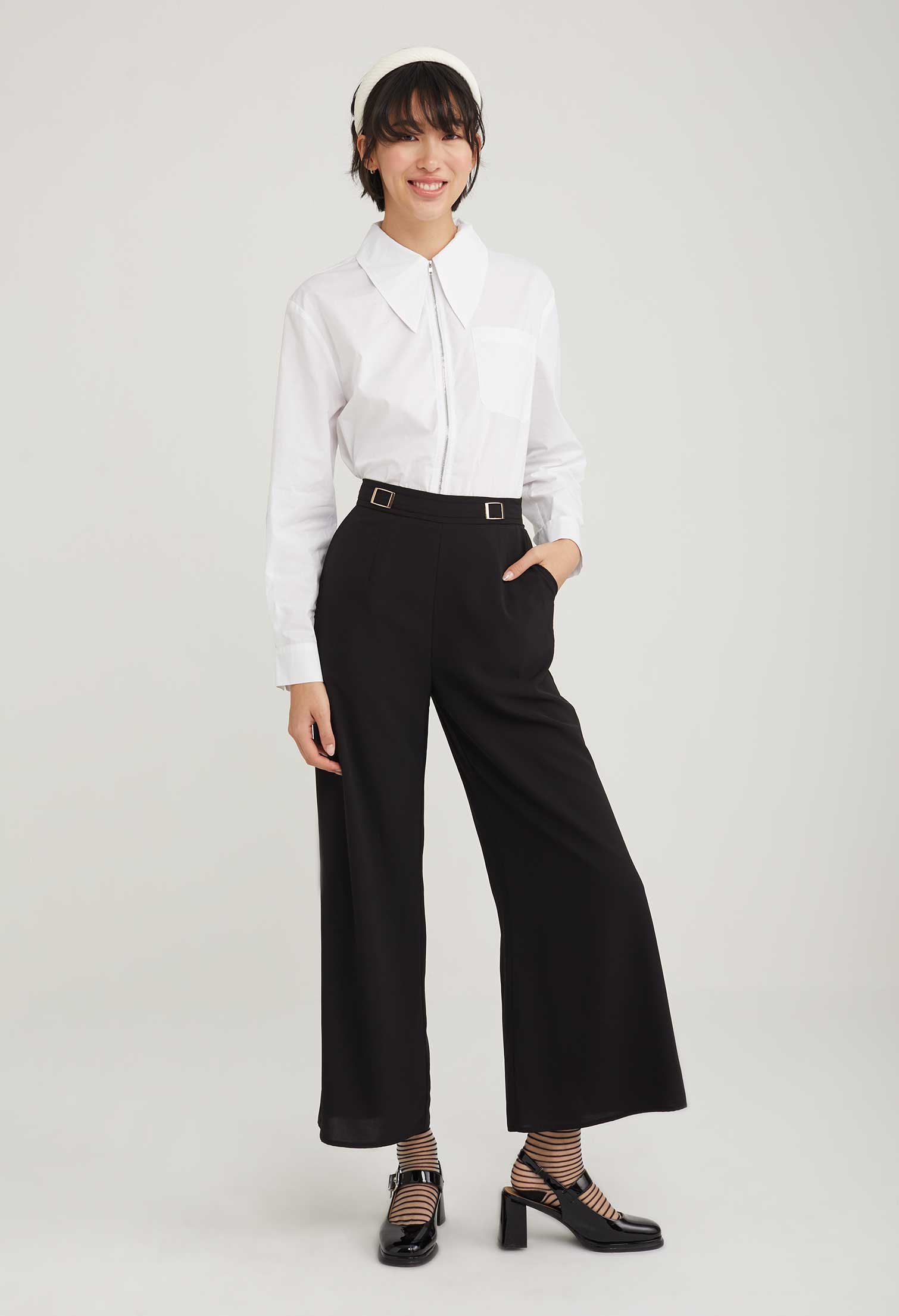 Waist Accent Wide Leg Palazzo Pants