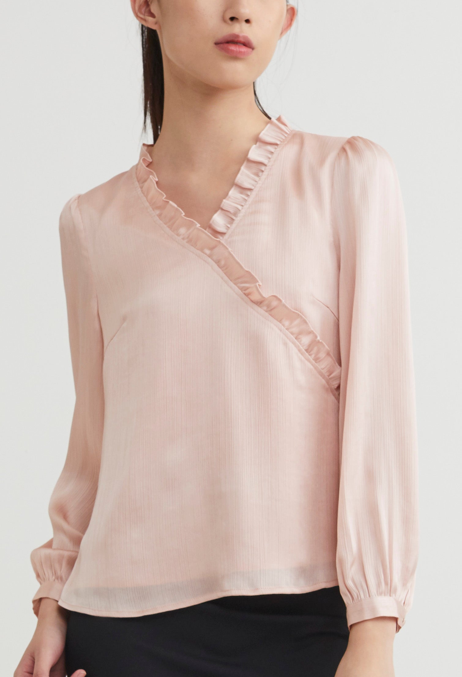 Ruffled Faux Wrap Long Sleeve Blouse