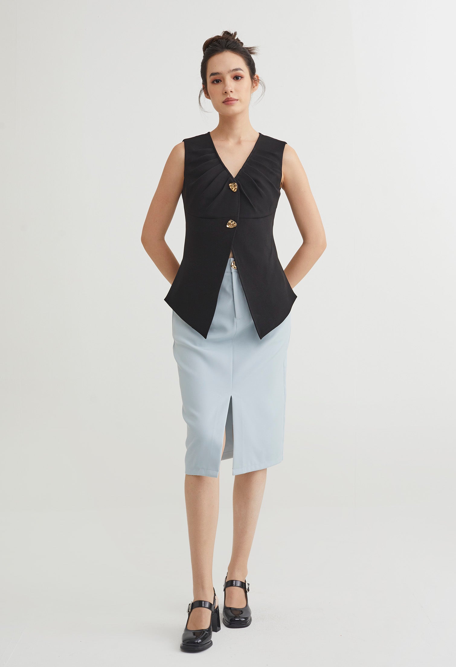 Double Buttoned V-Neck Ruched Vest