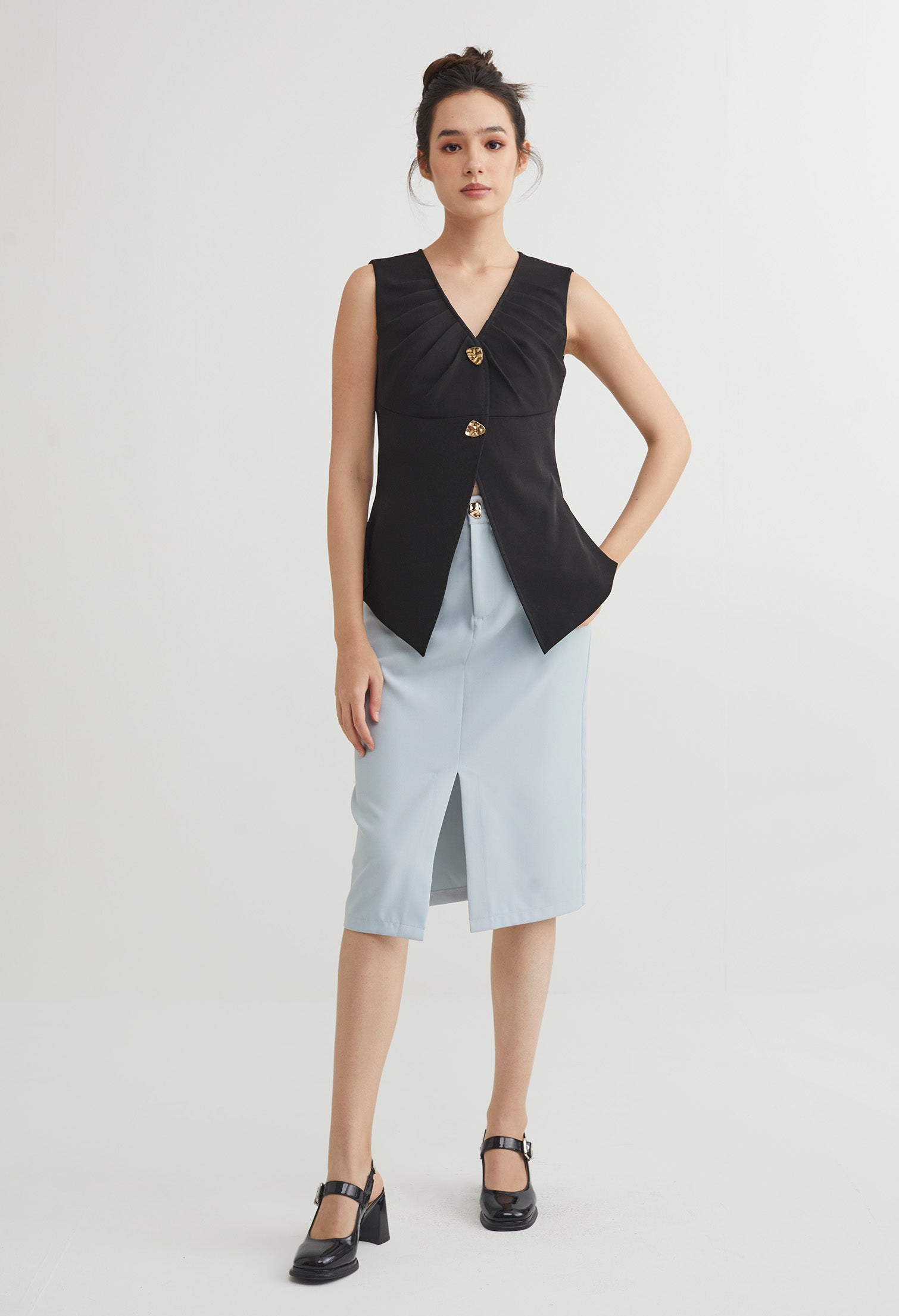 Double Buttoned V-Neck Ruched Vest