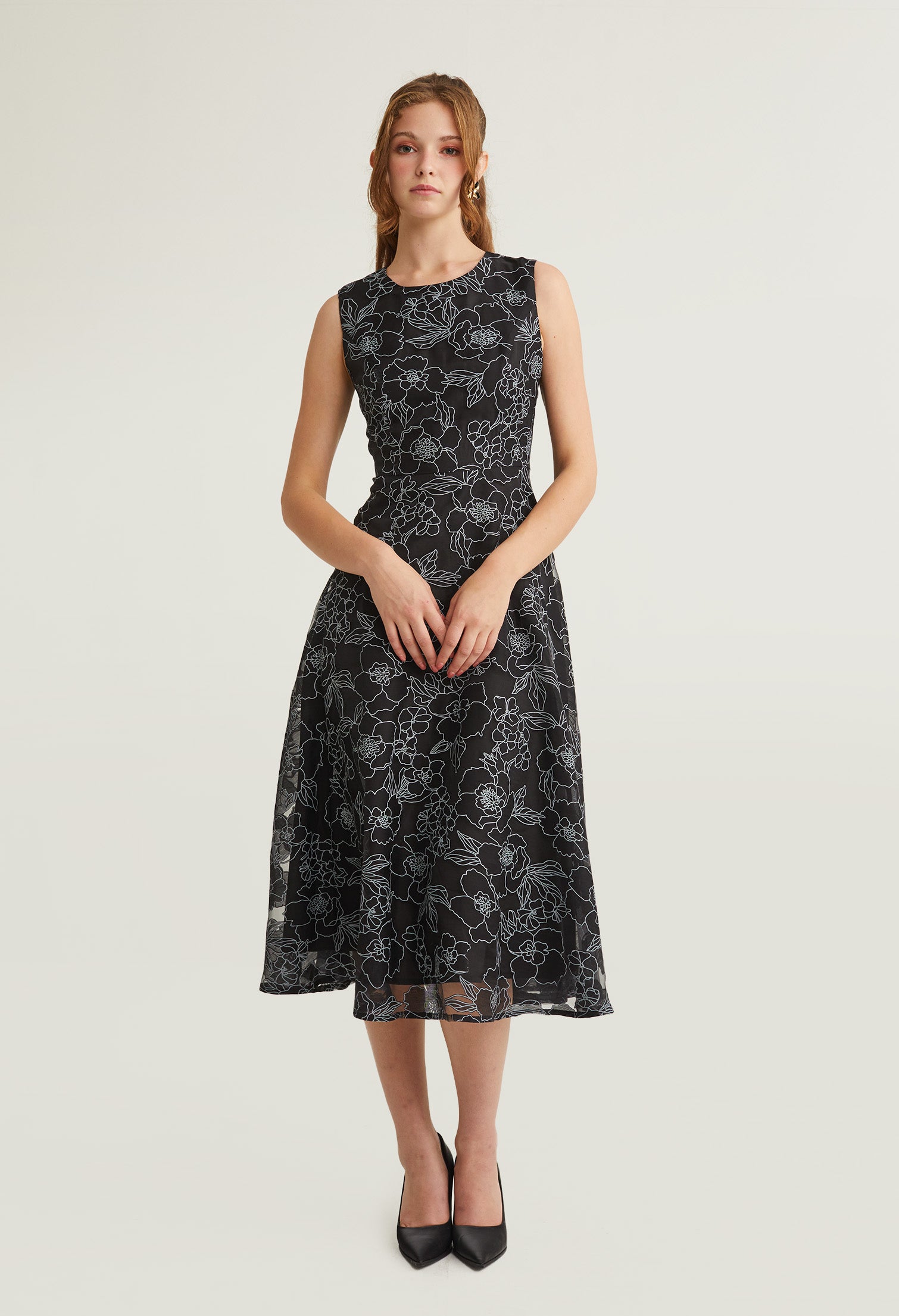 Floral Contrast Embossed Layered Midi Dress