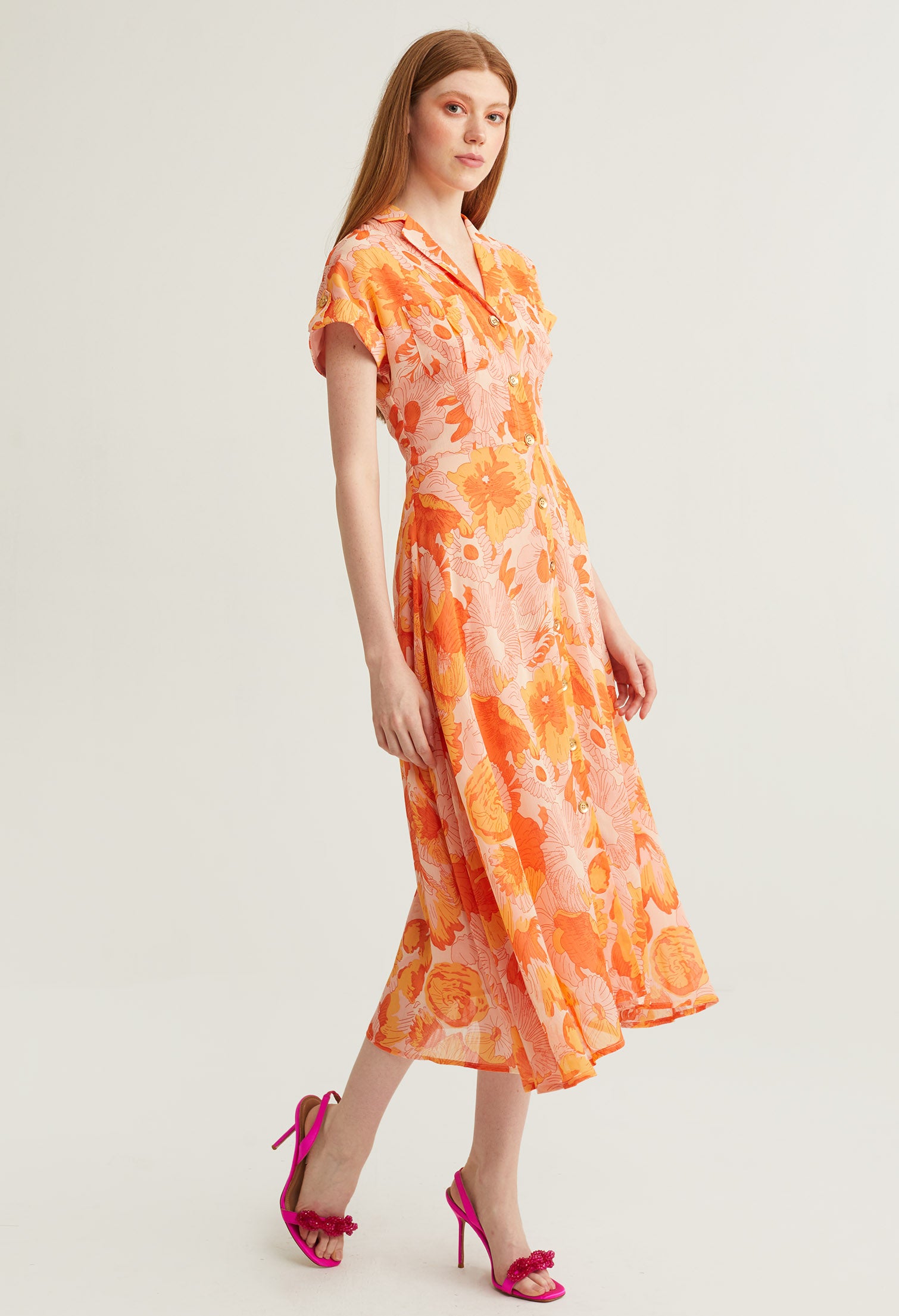 Floral Printed Button Up Midi Dress