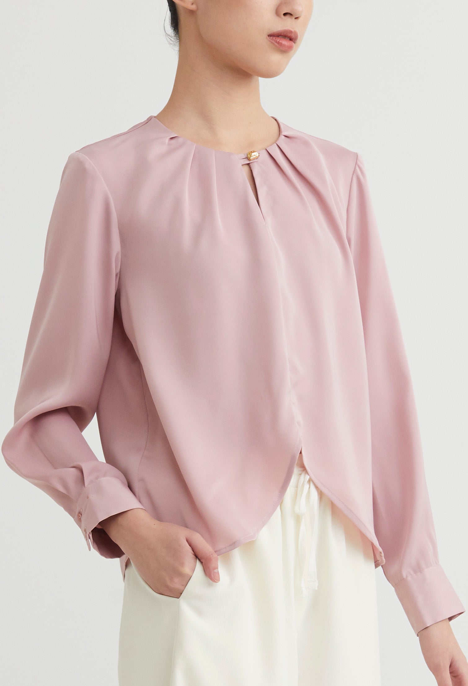 Curved Crop Hem Eyelet Blouse