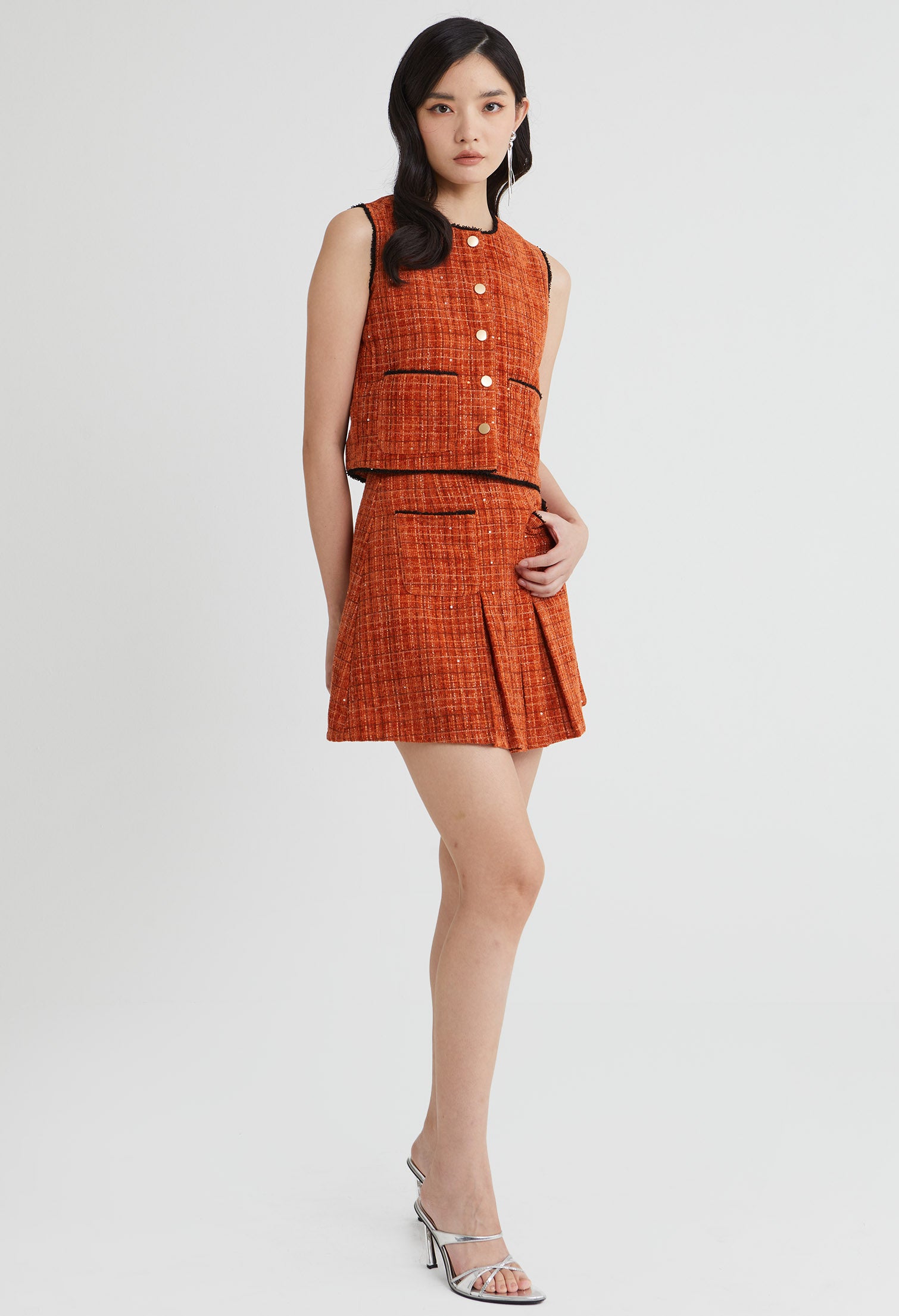 Tweed Charm Buttoned Sleeveless Top