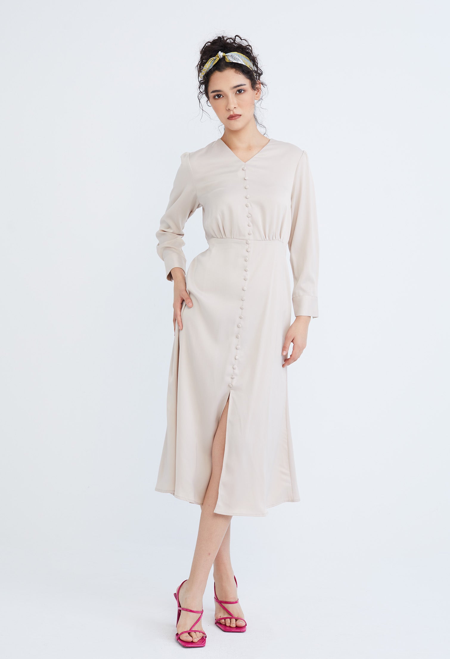 Satin Sheath Buttoned Down Dress