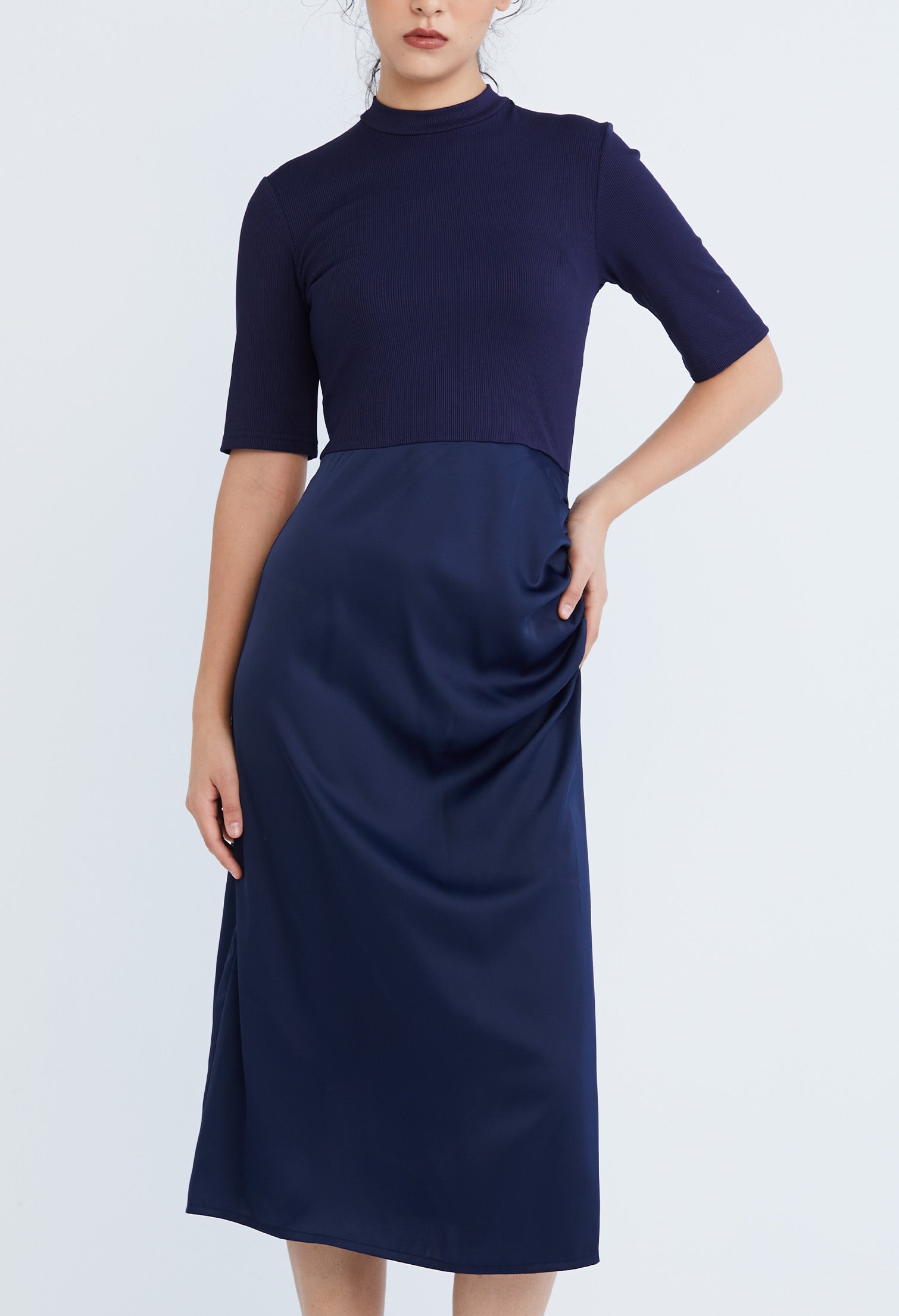 Dual Fabric Turtleneck Sheath Dress