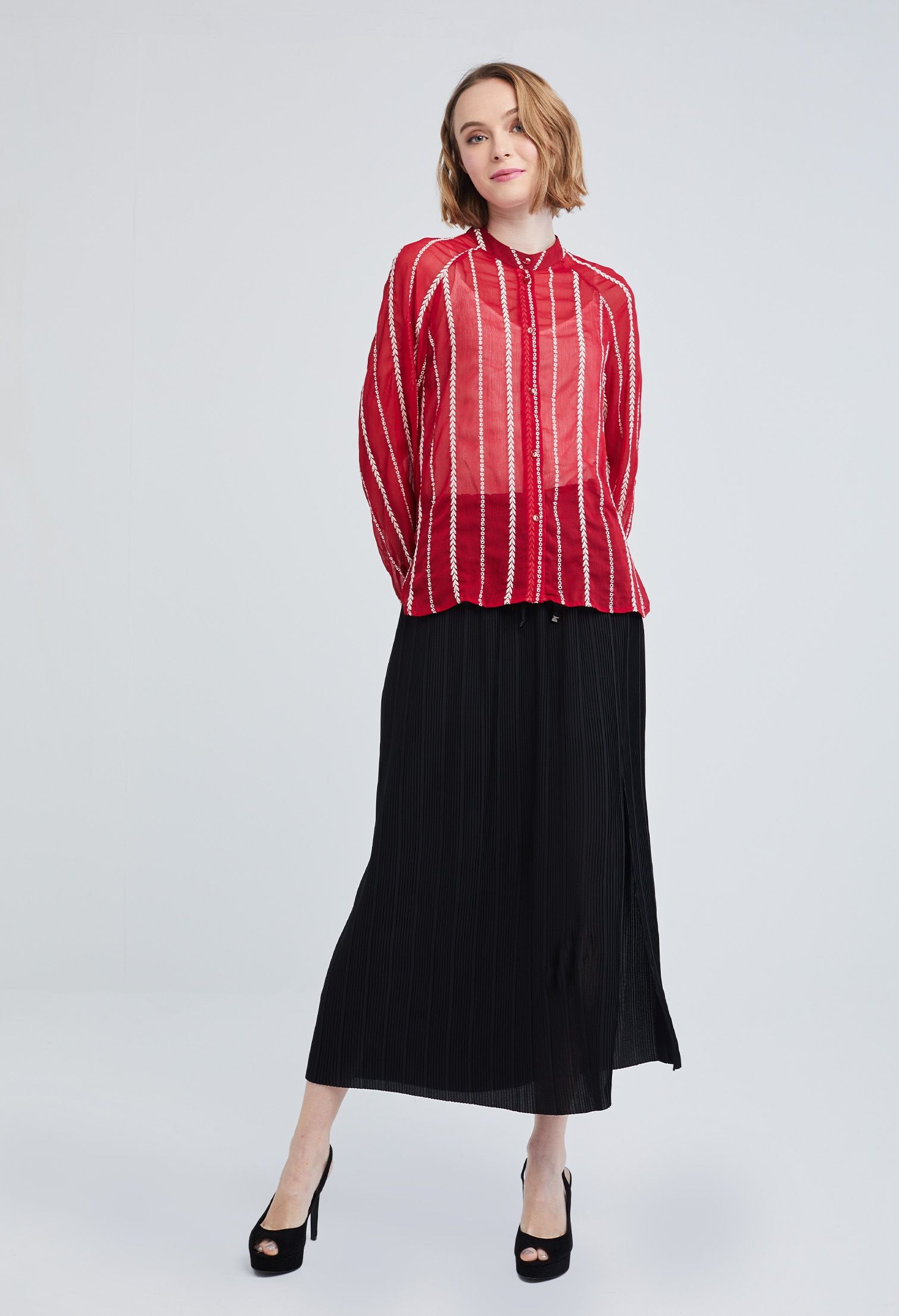 Embroidered Micro Eyelet Mandarin Collar Blouse