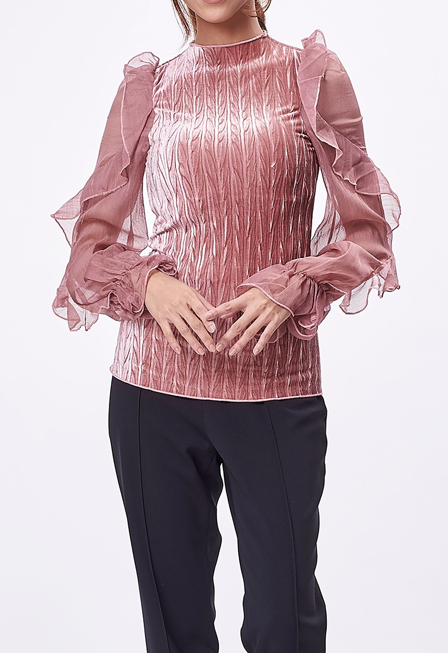 Velvet Stripe Ruffle Sleeve Blouse