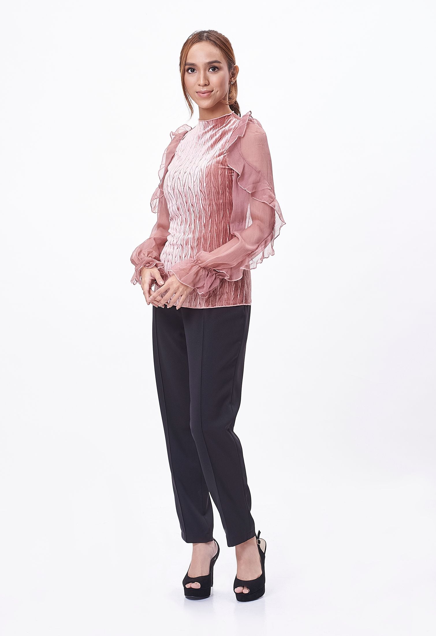 Velvet Stripe Ruffle Sleeve Blouse