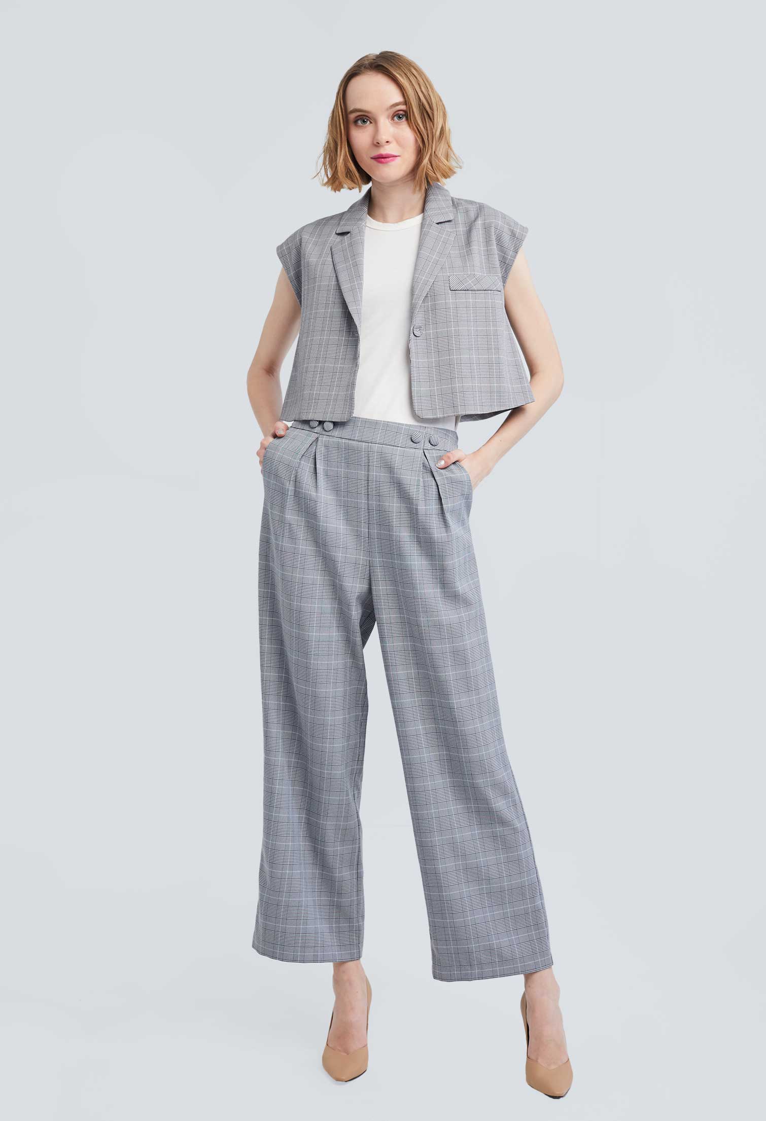 Houndstooth Flare Two-sided Button Pants