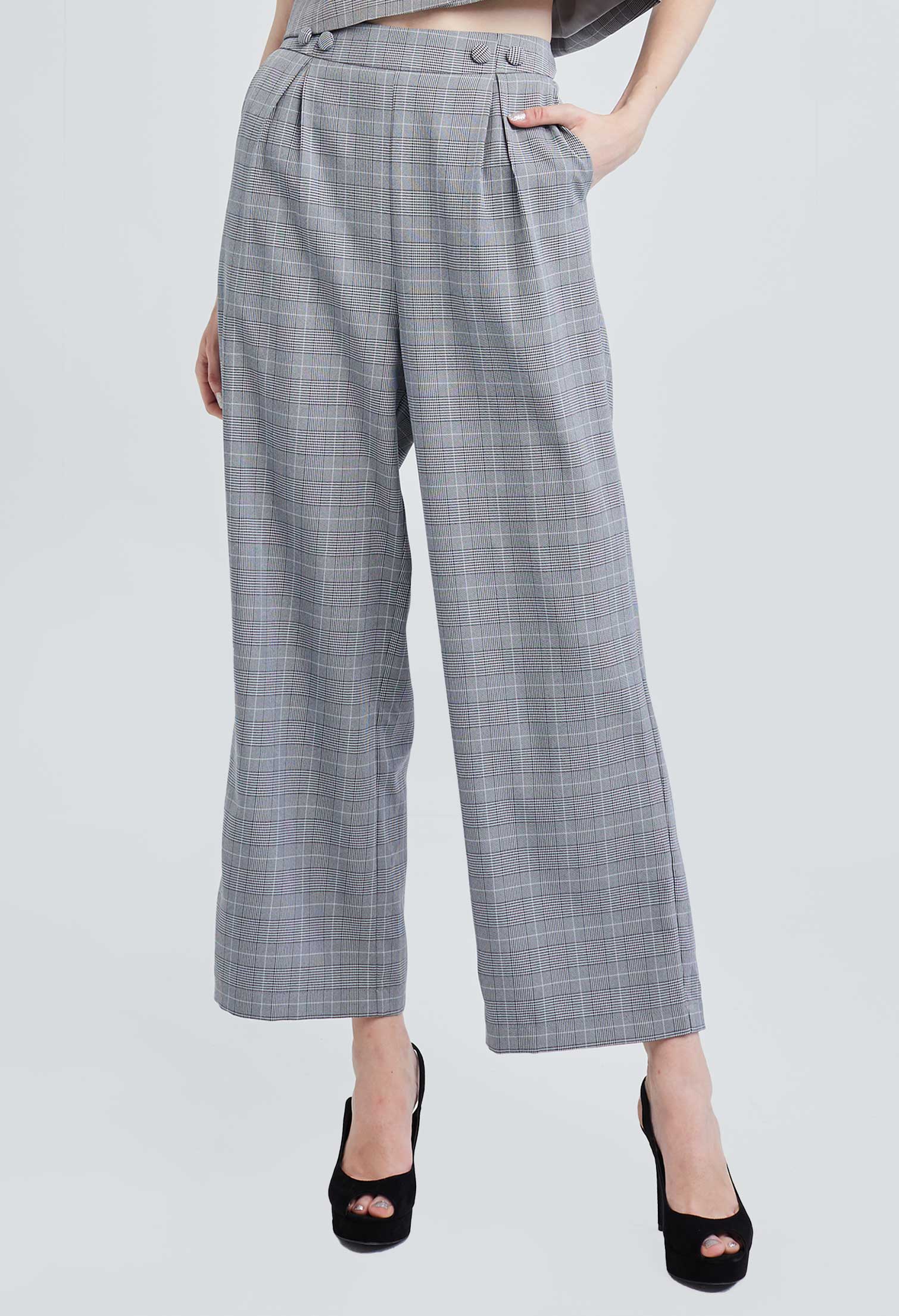 Houndstooth Flare Two-sided Button Pants