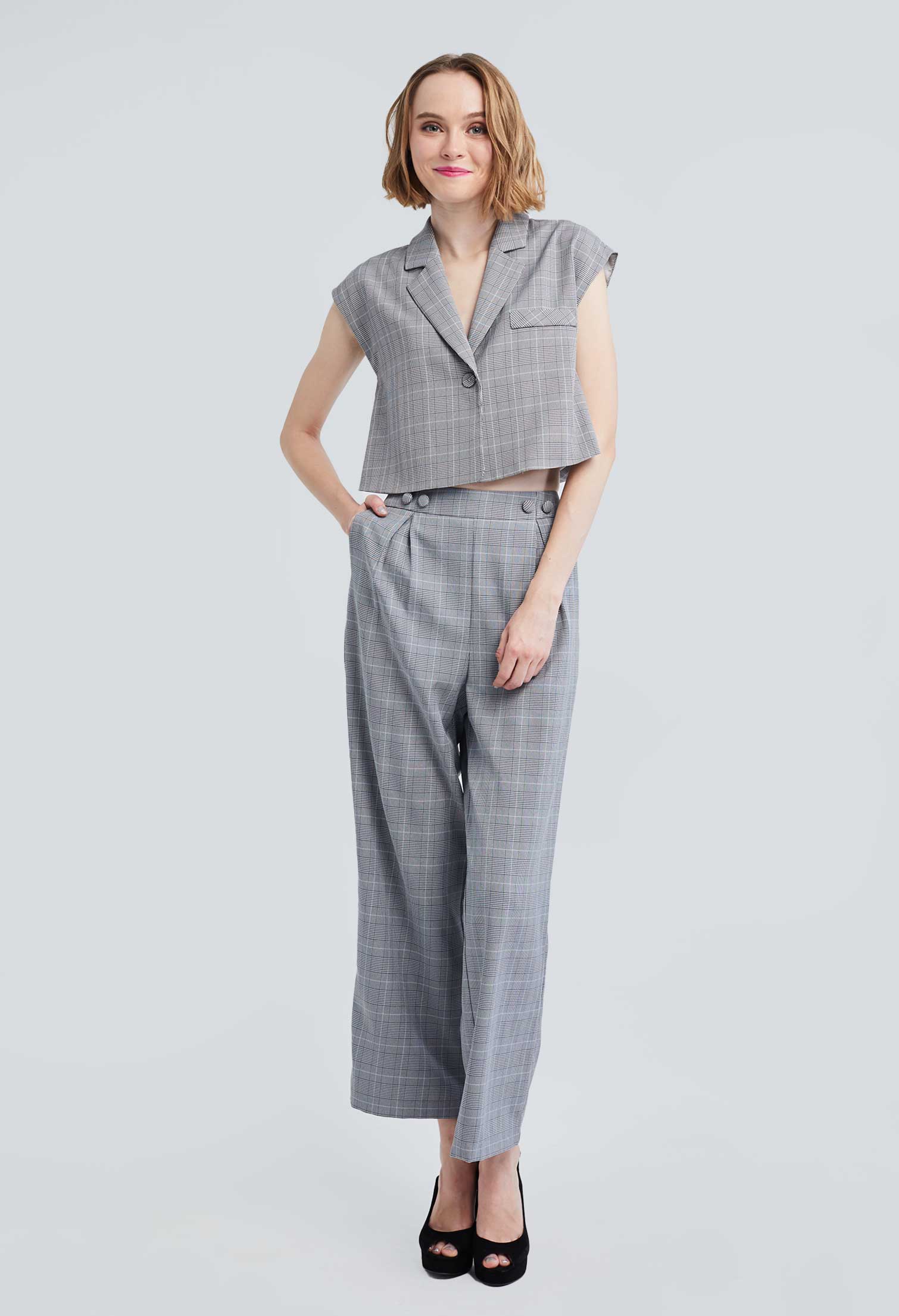 Houndstooth Flare Two-sided Button Pants